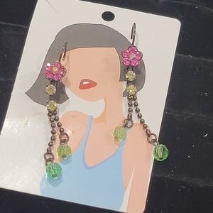 Spring Floral Crystal earrings pink green flowers